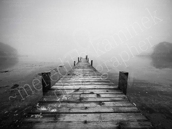 Foggy Morning Red Creek Dock B&W